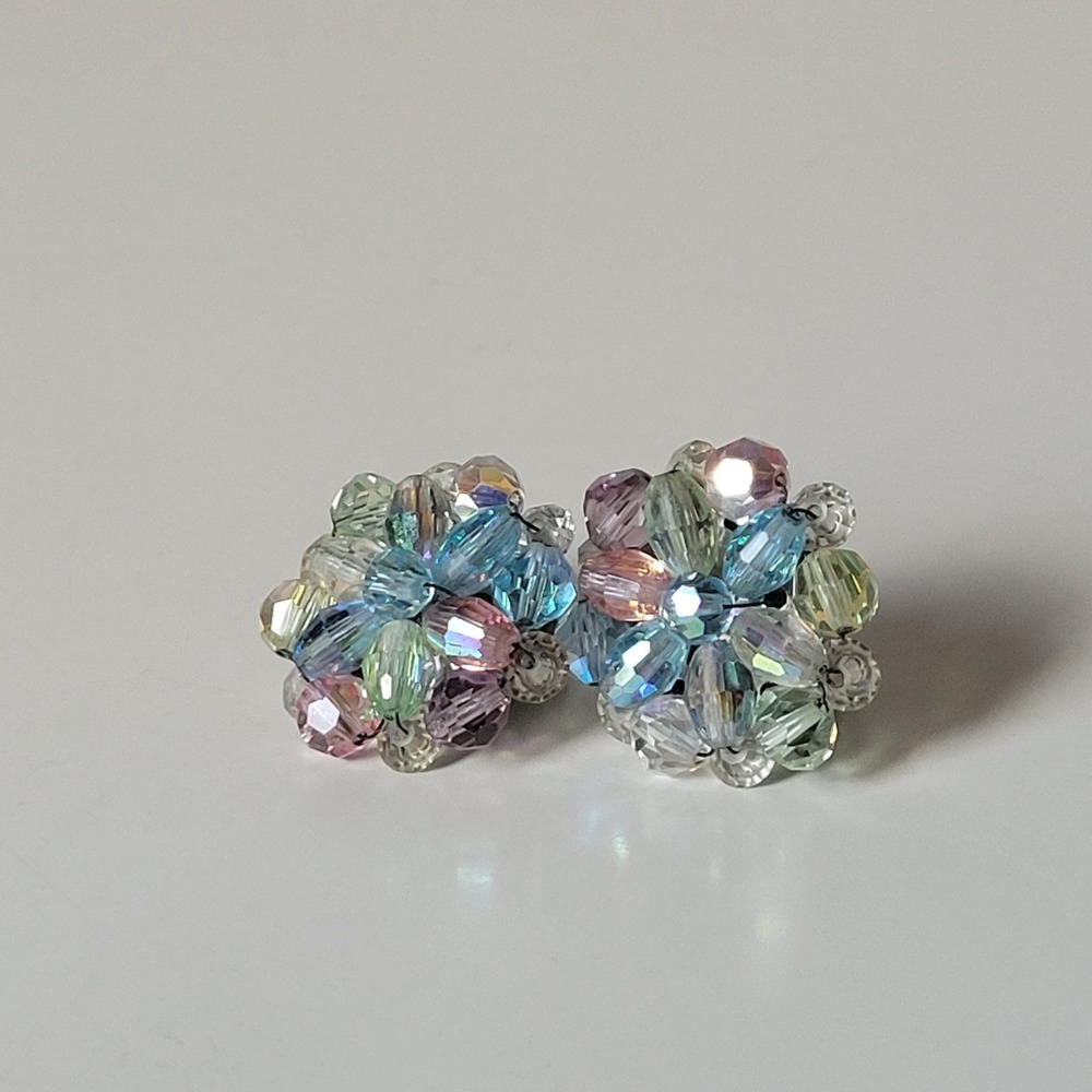 Vintage Pastel Crystal Cluster Clip-On Earrings Iridescent Floral Bead Statement
